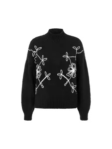 Women black floral embroidered mock neck knit sweater autumn winter long sleeve pullover
