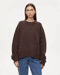 Women brown oversized crewneck knit sweater casual long sleeve autumn winter pullover top