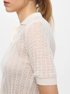 Women short sleeve polo knit sweater in cream white for spring and summer casual wear.