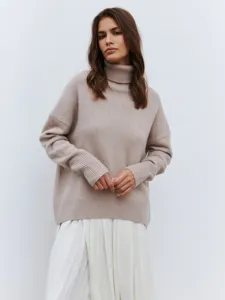 Women Oversized Turtleneck Core Spun Yarn Sweater Loose Knit Long Sleeve Ribbed Cuff Pullover Autumn Winter Casual Top