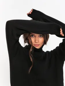 Womens black turtleneck sweater winter loose knitwear long sleeve fashion detail view
