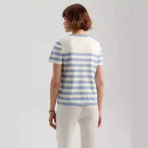 Women's blue and white striped short sleeve crew neck knit sweater spring summer casual top