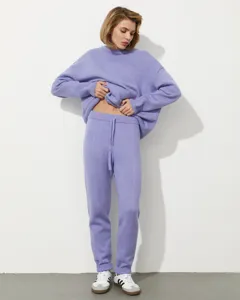 Knitted sweater and pants set, loose round neck pullover with matching lounge trousers.