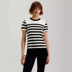 Black and white striped short sleeve knit sweater for women, perfect for spring and summer style.