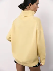 Women's Casual Autumn Winter Loose Turtleneck Solid Knitted Sweater Yellow Back View