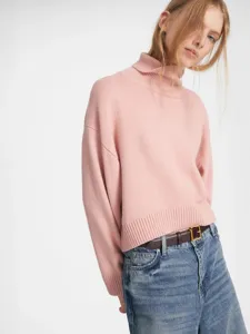 Women's Loose Turtle Neck Sweater Solid Color Viscose Core-spun Yarn Dropped Shoulder Short Knit Top For Autumn Winter
