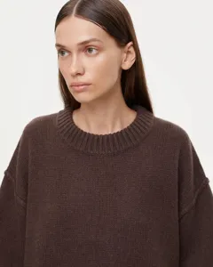 Close-up detail of a women's brown crewneck knit sweater, showcasing soft texture.