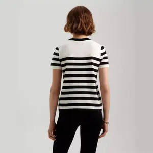 Women short sleeve black and white striped knit sweater casual crewneck pullover top