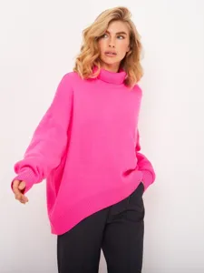 Women bright pink turtleneck loose sweater long sleeve casual autumn winter knitwear