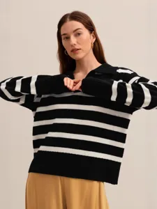 Women's black and white striped knit polo sweater, loose fit long sleeve casual top for autumn.