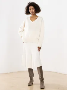Women's loose V-neck long sleeve knit sweater and skirt set, casual autumn winter outfit.