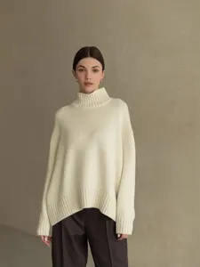 Women Mock Neck Loose Knit Sweater Drop Shoulder Pullover Solid Color Viscose Core Spun Autumn Winter Warm Casual Knitwear Top