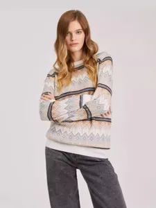 Women's Loose Viscose Geometric Jacquard Knitted Sweater Casual Crew Neck Long Sleeve Pullover Autumn Winter Warm Jumper Top