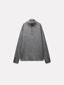 Women's grey mock turtleneck knit sweater with button placket and cuffs, autumn winter casual chic apparel