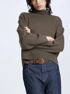 Loose turtleneck sweater for women, cozy knit short pullover for daily autumn winter wear.