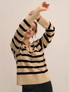 Classic striped knit polo sweater for women, comfortable long sleeve winter casual pullover.