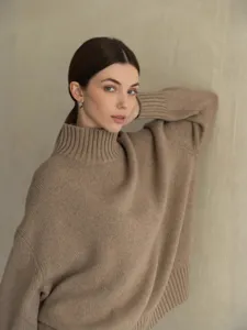 Women's turtleneck knit sweater casual long sleeve pullover autumn winter solid color chic top
