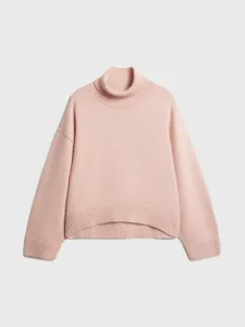 Pink knit turtleneck sweater for women, loose short fit autumn winter casual apparel.