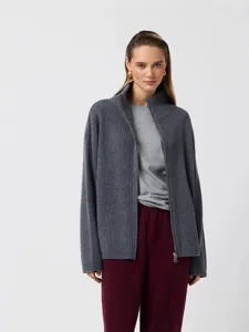 Women's Dark Gray Ribbed Knit Zip-Up Cardigan High Collar Autumn Winter Casual Sweater Coat