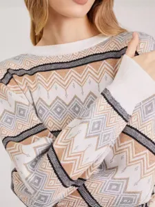 Cozy geometric jacquard crewneck long sleeve knit sweater for women autumn winter fashion top