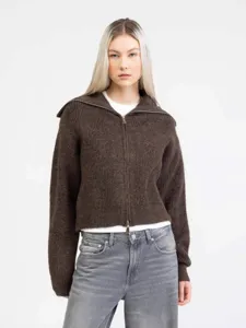 Womens brown zip up cardigan sweater with large lapel knit outerwear for autumn winter style