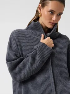 Dark grey ribbed knit high collar zip cardigan sweater for women winter fashion warm outerwear