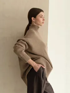 Women oversized turtleneck knitted sweater casual autumn winter long sleeve beige pullover top