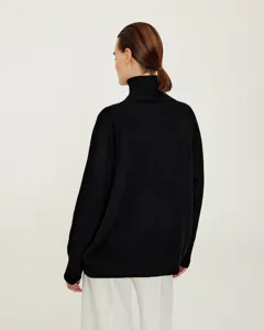 Back view of a classic black turtleneck sweater, loose fit with ribbed hem for autumn winter.