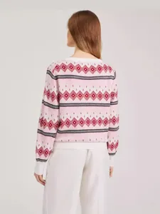 Women's back view round neck geometric jacquard knit sweater casual autumn winter top