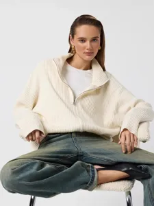 European style women's half-zip ribbed knitted cardigan sweater for autumn winter fashion.