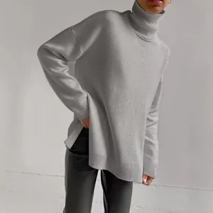 Casual Women's Oversized Turtleneck Knit Sweater Long Sleeve Solid Gray Pullover Top