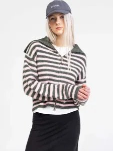 Women's striped quarter-zip knit sweater with lapel collar, cozy autumn winter pullover top.