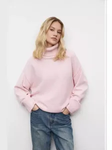 Pull col roule ample rose pour femme automne hiver decontracte manches longues tricot