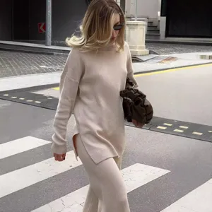 Beige oversized knit sweater and pants set for women, cozy autumn winter long sleeve two-piece.
