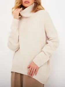Women's loose beige turtleneck sweater, autumn winter soft knitted pullover cozy chic top.