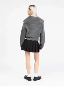 Grey oversized lapel knitted cardigan sweater for women, autumn winter casual fashion top.