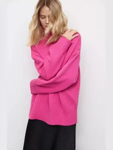 Femme automne hiver pull col roule oversize en tricot manches longues haut uni