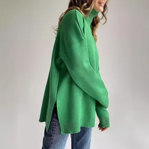 Women Green Turtleneck Oversized Knit Sweater Casual Long Sleeve Side Slit Pullover Top
