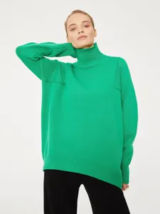 Women green high turtleneck loose knit sweater winter long sleeve casual pullover top