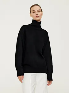 Women's casual loose high turtleneck long sleeve solid black knit sweater for autumn winter.