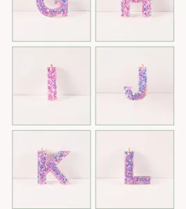 Resin glitter letter pendant detail showing G H I J K L charms for DIY keychains and crafts.