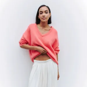 Women casual loose V-neck long sleeve knit sweater stylish coral pink pullover top main