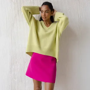 V-neck loose long sleeve sweater for women, casual autumn winter knitwear top main view.