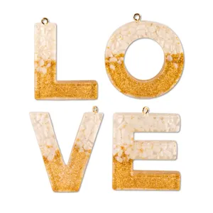 Resin epoxy letter L O V E DIY keychain pendant charms set with gold loop for handmade crafts.