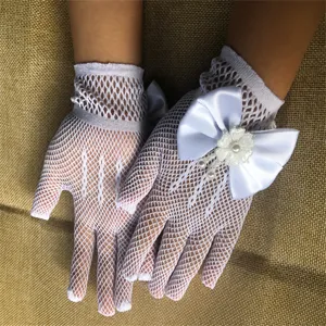 White lace mesh gloves detail, cute satin bow and pearl decoration, children party wear.