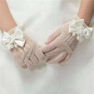 Kids Lace Mesh Princess Gloves White Black Red Pink Beige Bowknot Pearl Party Wedding Performance Gloves Children Handwear