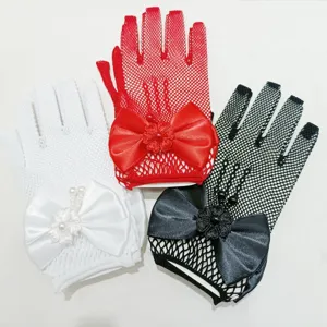 Children fishnet mesh gloves with satin bowknot and pearl flower for princess dress party main