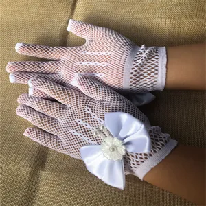 Kids white mesh lace gloves with bow for wedding party princess dress accessories.