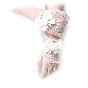 White lace mesh gloves with elegant satin bows and pearls for children wedding party wear.