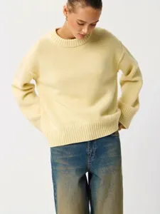 Women's Casual Core-Spun Yarn Pullover Sweater Long Sleeve Crew Neck Loose Knitwear Solid Color Fall Winter Top